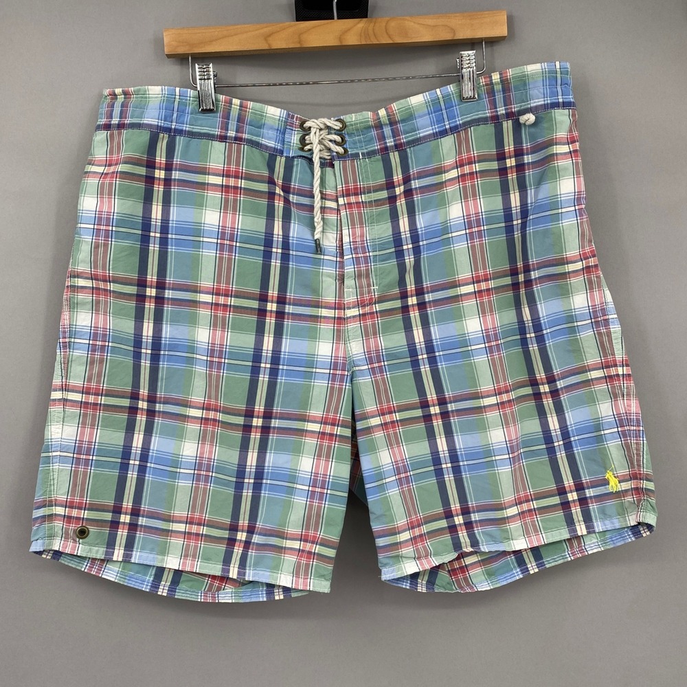 Vtg Polo Ralph Lauren Plaid Swim Trunks Mens XXL Green Blue Madras Shorts